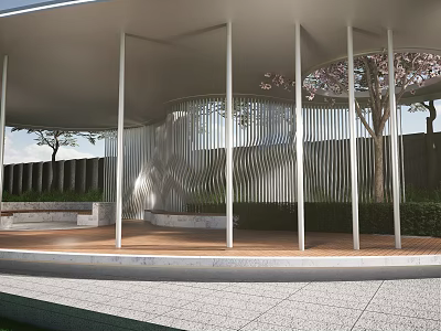 Modern Wavy Metal Grille Feature Wall With Columns Wooden Platform And Cherry Blossom Tree 3d model