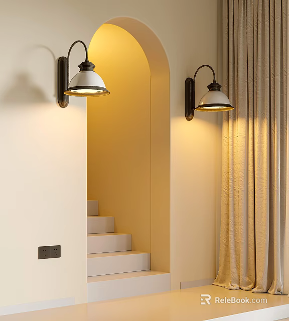 Wall Sconces With Warm Light Illuminating Cozy Interior Staircase And Curtains 3d model 