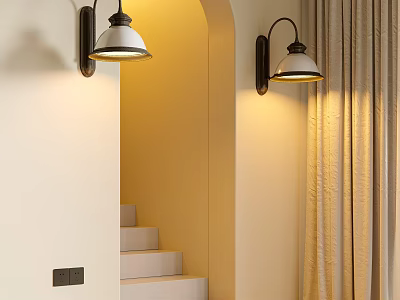 Wall Sconces With Warm Light Illuminating Cozy Interior Staircase And Curtains 3d model