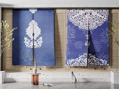 Stylish Blue Fabric Curtains With White Floral Patterns And Wooden Shutters 3d model