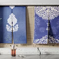 Stylish Blue Fabric Curtains With White Floral Patterns And Wooden Shutters