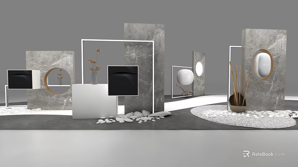 Modern Geometric Display Space With Marble Elements And Decorative Plants 3d model
