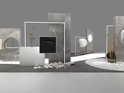 Modern Geometric Display Space With Marble Elements And Decorative Plants 3d model