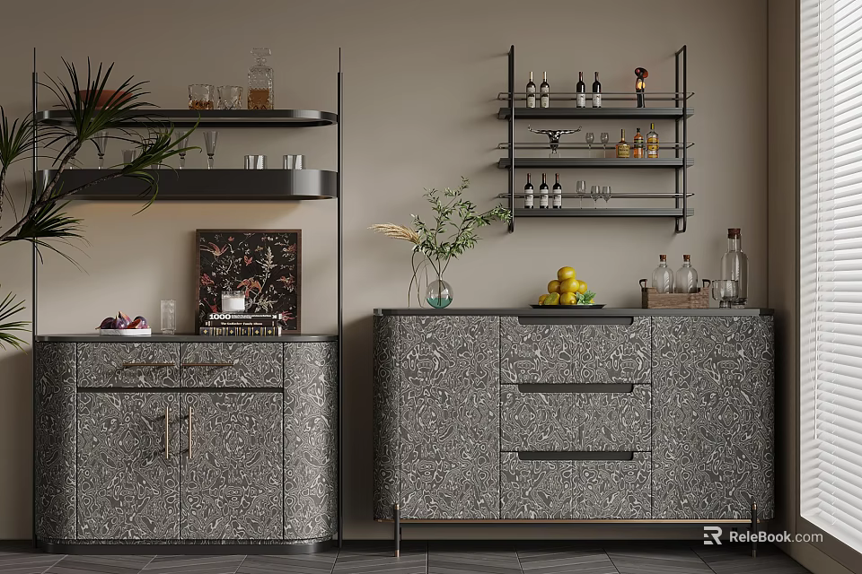 Modern Textured Sideboard With Black Shelves Wine Glasses Bottles Plants And Fruits 3d model 