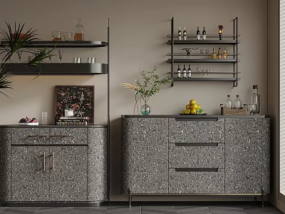 Modern Textured Sideboard With Black Shelves Wine Glasses Bottles Plants And Fruits 3d model