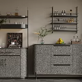 Modern Textured Sideboard With Black Shelves Wine Glasses Bottles Plants And Fruits