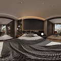Bedroom Interior With Dark Textured Accent Wall Walk-in Closet Area Rug And Recessed Lights