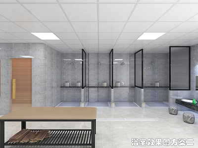 Modern Bathroom Interior Design With Shower Stalls Tiled Walls And Ceiling Lights 3d model
