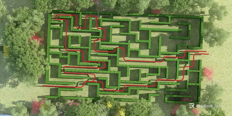 Fun Amusement Park Maze With Green Hedge Paths And Surrounding Trees 3d model 