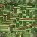 Fun Amusement Park Maze With Green Hedge Paths And Surrounding Trees