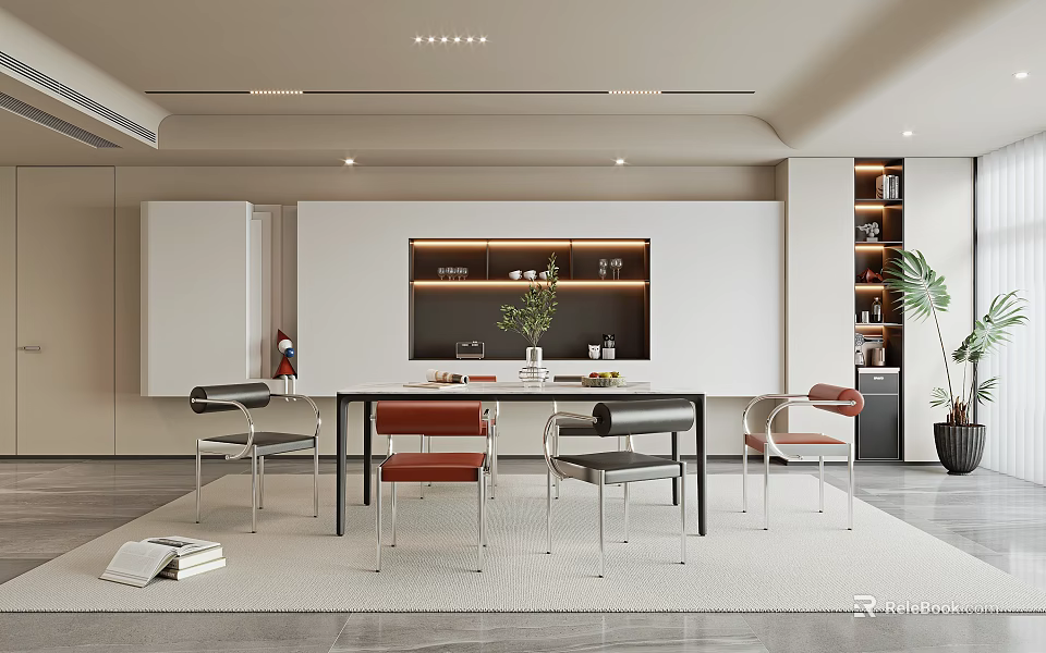 Modern Restaurant Interior With White Cabinets Black Table Colorful Chairs Lit Display Shelf And Decorations 3d model 