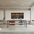 Modern Restaurant Interior With White Cabinets Black Table Colorful Chairs Lit Display Shelf And Decorations
