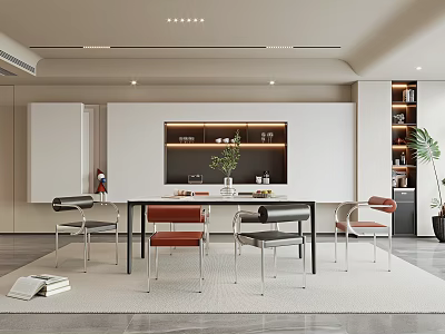 Modern Restaurant Interior With White Cabinets Black Table Colorful Chairs Lit Display Shelf And Decorations 3d model