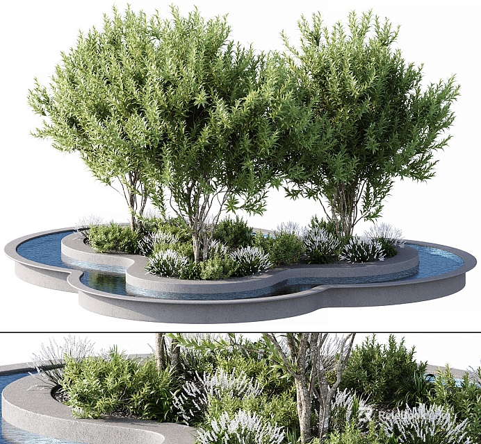 Modern Landscaped Tree Planter With Green Trees Water Elements And Garden Design 3d model 