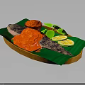 Fresh Fish Dish With Red Sauce Green Leaves And Lemon Slices On Green Platter