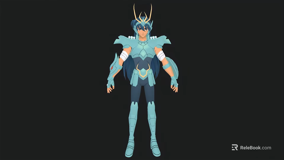 Blue Armored Game and Movie Character With Horned Headpiece and Shoulder Armor 3d model 