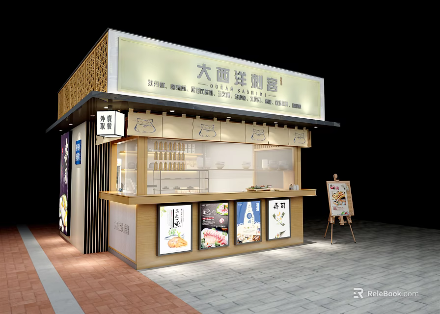 Japanese Sushi Restaurant Traditional Storefront With Glass Window And Fresh Sushi 3d model 