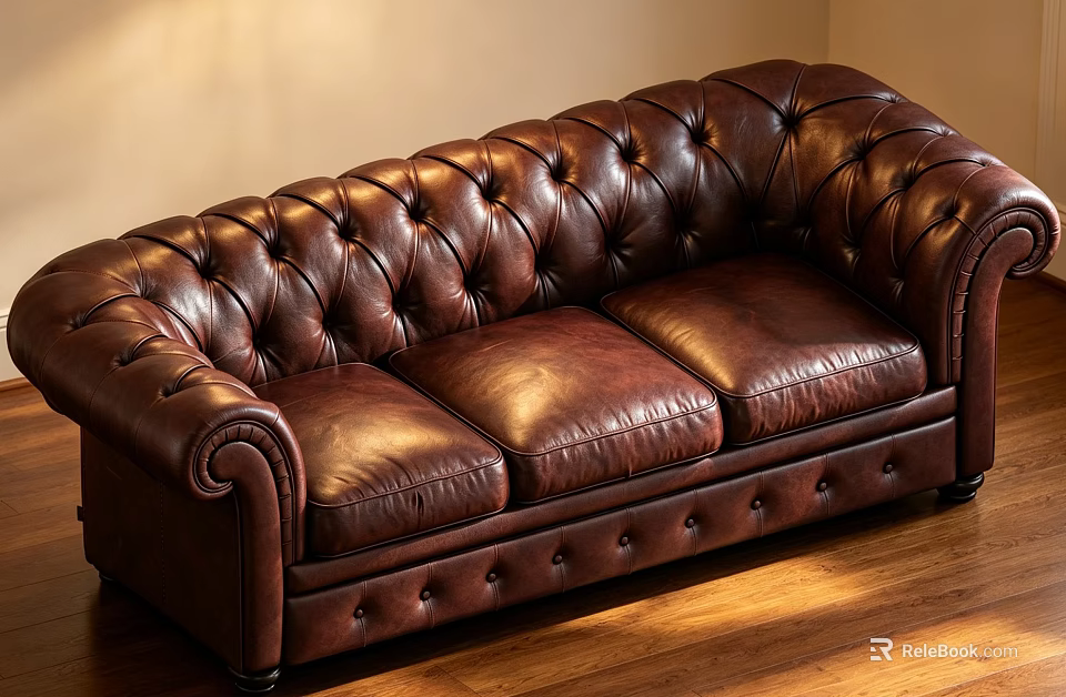 Classic Brown Leather Three Seater Sofa With Tufted Design And Rolled Arms On Wooden Floor 3d model 