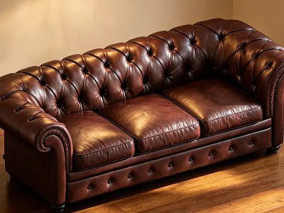 Classic Brown Leather Three Seater Sofa With Tufted Design And Rolled Arms On Wooden Floor 3d model
