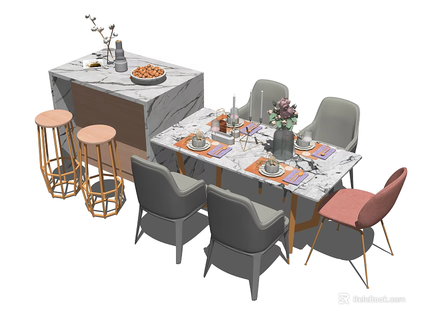 Modern Dining Table Set With Gray Pink Chairs Bar Stools And Marble Top 3d model