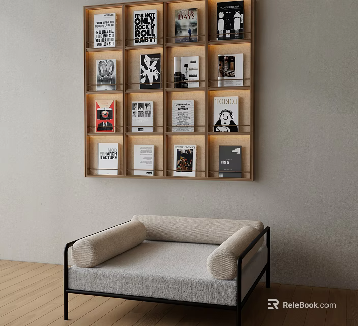 Modern Wall Mounted Bookshelf With Various Cover Books Light Gray Sofa And Wooden Floor 3d model 
