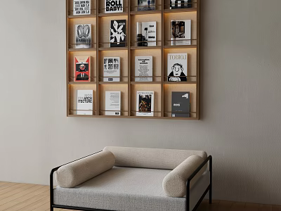 Modern Wall Mounted Bookshelf With Various Cover Books Light Gray Sofa And Wooden Floor 3d model