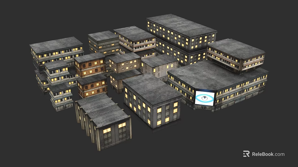 Modern Urban Building Complex With Gray Roofs Illuminated Windows And Screen 3d model