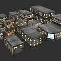 Modern Urban Building Complex With Gray Roofs Illuminated Windows And Screen 3d model