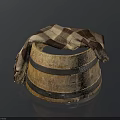 Rustic Wooden Barrel With Plaid Scarf Draped Over Top Vintage Household Item