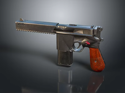 Classic Pistol With Silver Metal Body And Brown Wooden Grip Design Details 3d model