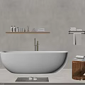 Bathroom Interior With White Freestanding Bathtub Wooden Shelf Toiletries Towel Rack And Slippers