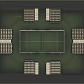 Modern Sports Stadium With Green Pitch White Stepped Stands And Surrounding Trees