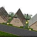 Garden Landscape with Triangular Tent Like Structures Glass Walls Gravel Path and Decorative Lights