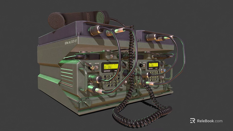 Vintage Walkie Talkie Device With Two Main Units Microphones Cables And Yellow Displays 3d model 