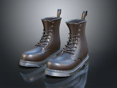 Brown Leather Work Boots Featuring Laces Stitches Thick Soles and Shiny Design 3d model