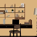 Warm Study Room Interior With Wooden Bookshelf Writing Desk Green Chair And Decorative Items