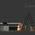 Practical Functional Workbench with Tools Toolboxes Traffic Cones and Scaffolding in Workshop Area 3d model