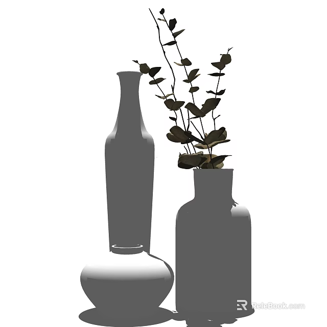 Two Vases With Green Leafy Plants In Different Heights For Home Decor 3d model 