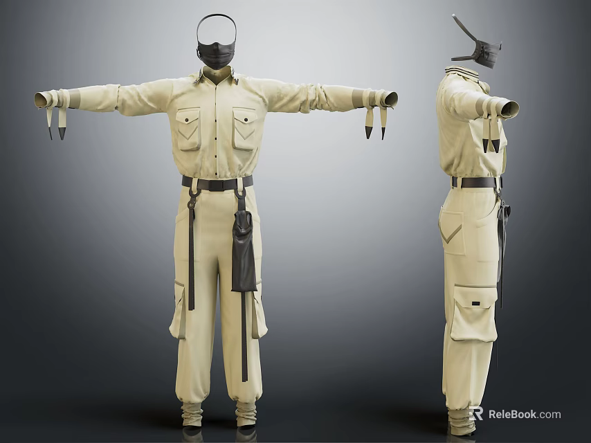 Khaki Utility Jumpsuit With Multiple Pockets Waist Belt And Functional Design 3d model 