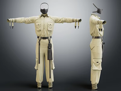 Khaki Utility Jumpsuit With Multiple Pockets Waist Belt And Functional Design 3d model