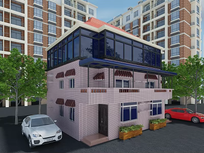 Detached Villa With Pink Brick Walls Large Glass Windows And Balcony Awnings 3d model