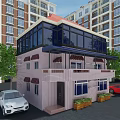 Detached Villa With Pink Brick Walls Large Glass Windows And Balcony Awnings