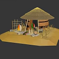 Cartoon African Thatched Hut Scene With Colorful Fabrics Clay Pots Dry Grass and Yellow Sand