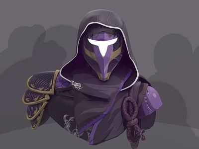 Hooded Game Movie Character with Purple Gold Armor Mask Shoulder Rope Ornament on Dark Background 3d model