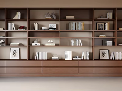Modern Wooden Bookcase With Multiple Shelves Books Drawers And Decorative Items 3d model