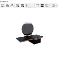 Modern Dressing Table With Black Wooden Striped Top And Brass Round Mirror