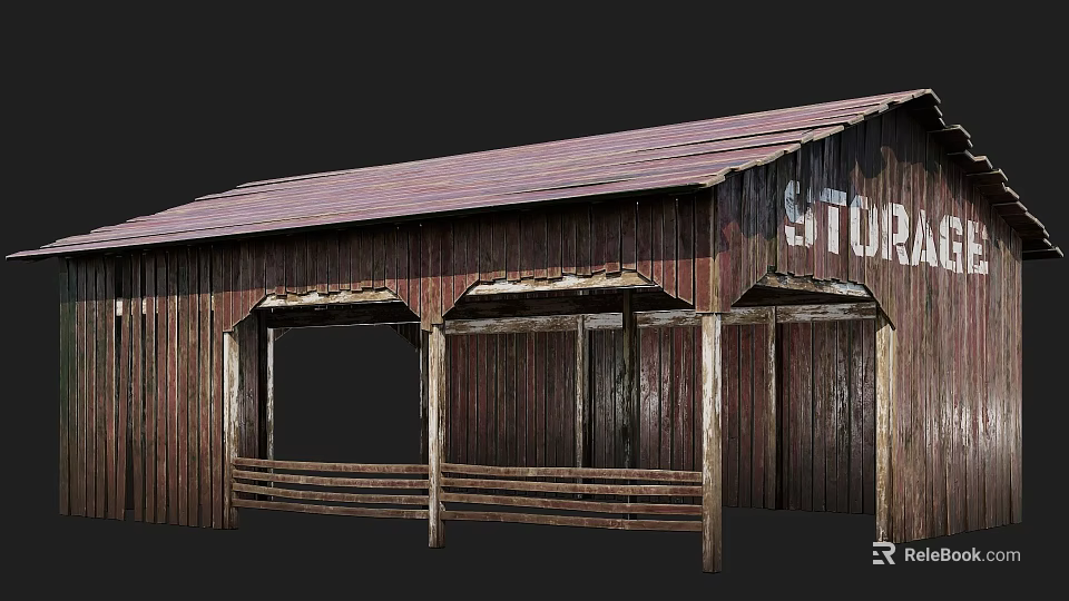 Old Weathered Wooden Store Building With Red Roof Wooden Columns And Front Bench Design 3d model 