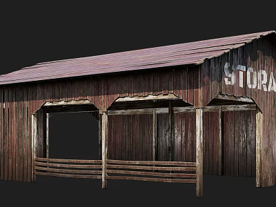 Old Weathered Wooden Store Building With Red Roof Wooden Columns And Front Bench Design 3d model