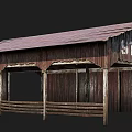 Old Weathered Wooden Store Building With Red Roof Wooden Columns And Front Bench Design
