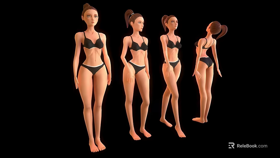 Four Children in Bikinis Shown from Different Angles with Standing Poses on Black Background 3d model 